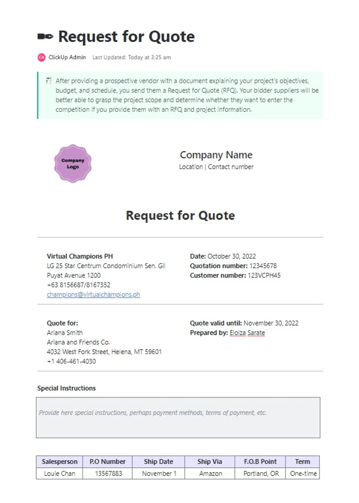 Document, share, and track quotations from suppliers and service providers with the ClickUp Request for Quote Template