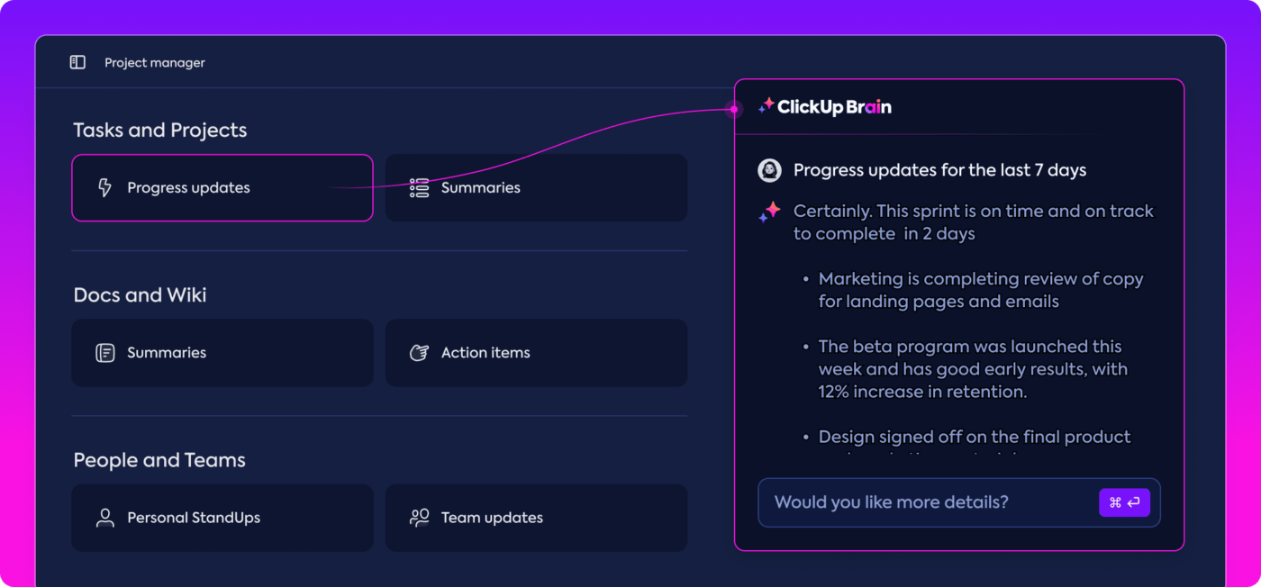 Voortgangsupdates met ClickUp Brain