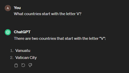 ChatGPT's response to name countries starting with V