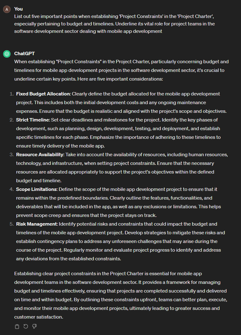 ChatGPT's list of constraints in a Project Charter