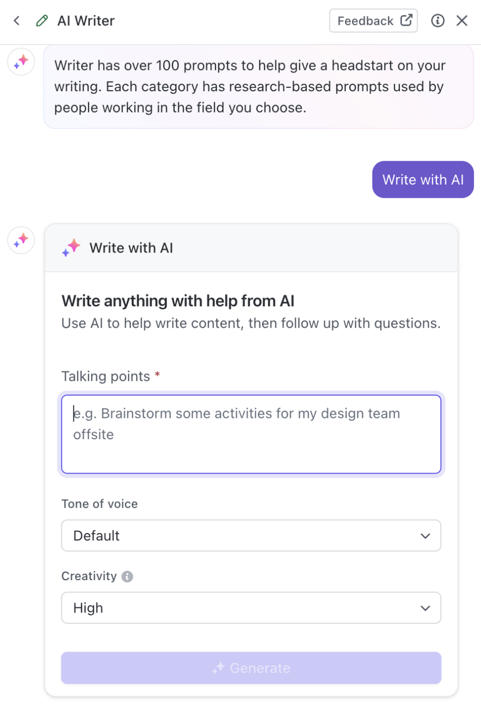 how to use AI for copywriting: ClickUp Brain AI Writer prompt settings