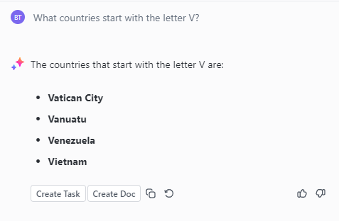 ClickUp Brain's response to the question "What countries start with the letter V?" 