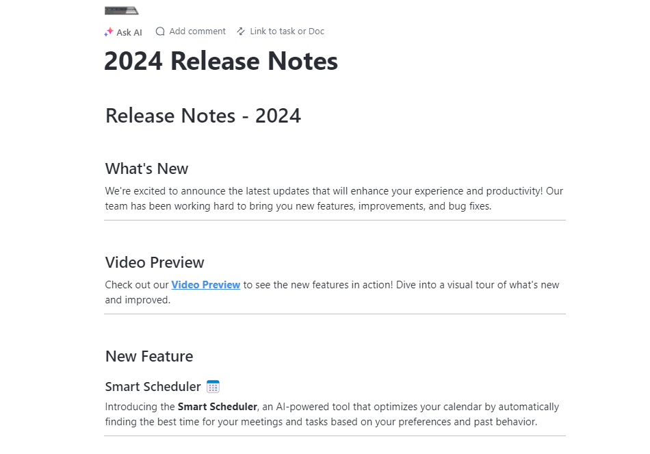 ClickUp Brain generating release notes