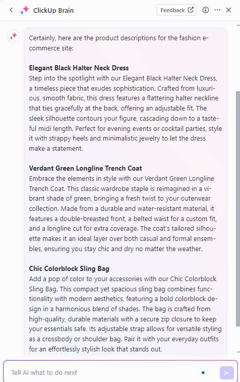 Product descriptions generated by ClickUp Brain