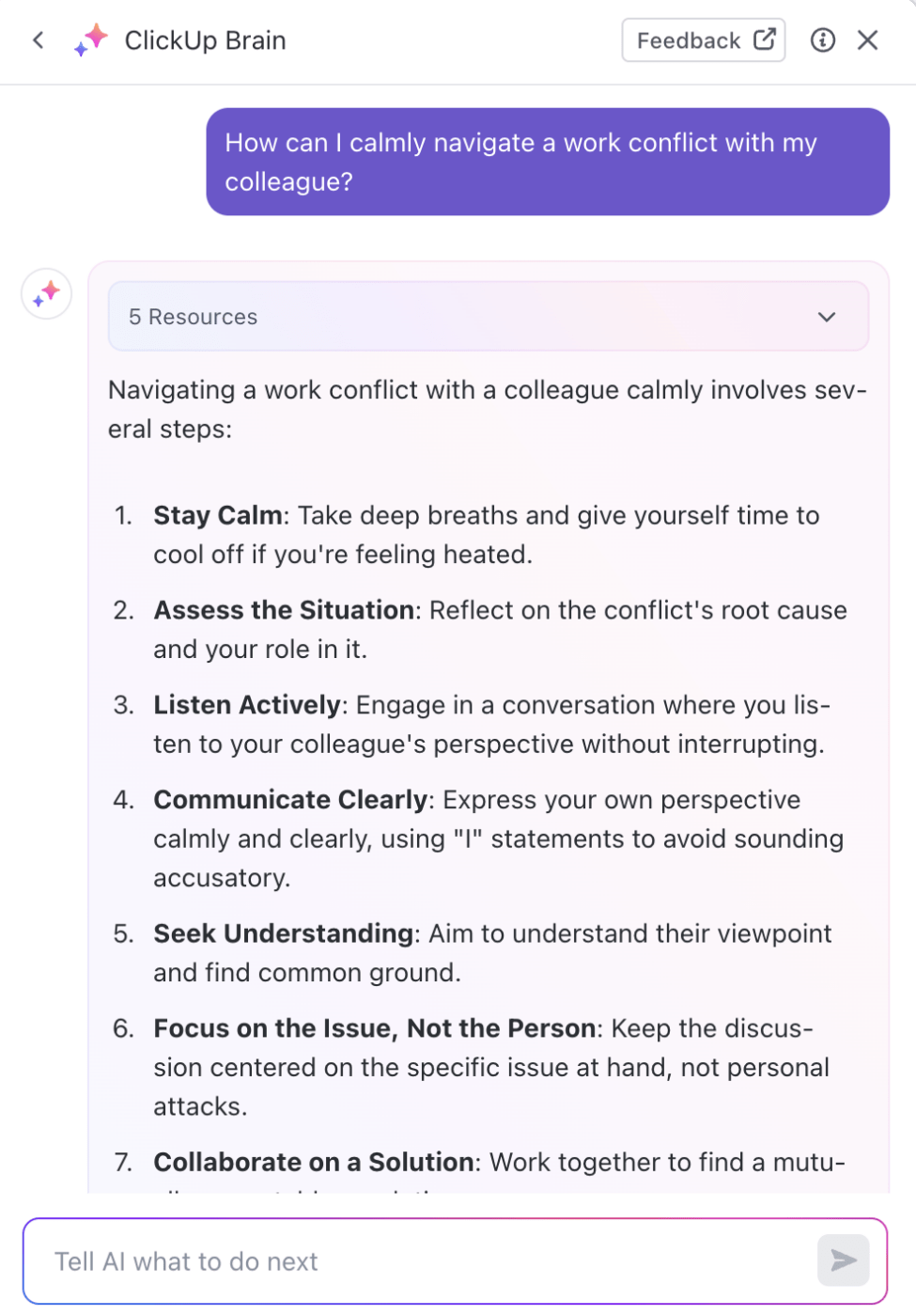 Navigating a work conflict using ClickUp Brain's assistance