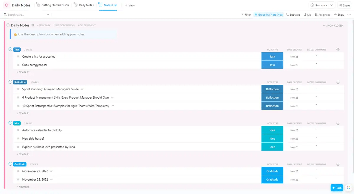 Record key information and track tasks with the ClickUp Daily Notes Template