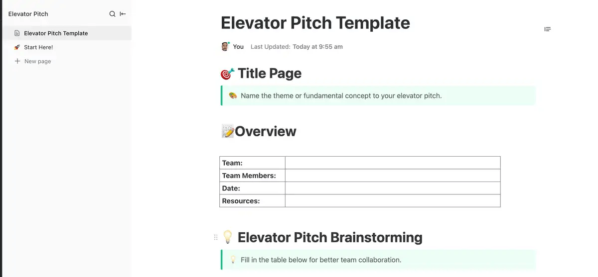 Create an elevator pitch that instantly grabs attention and compels people to engage with you further using the ClickUp Elevator Pitch Template