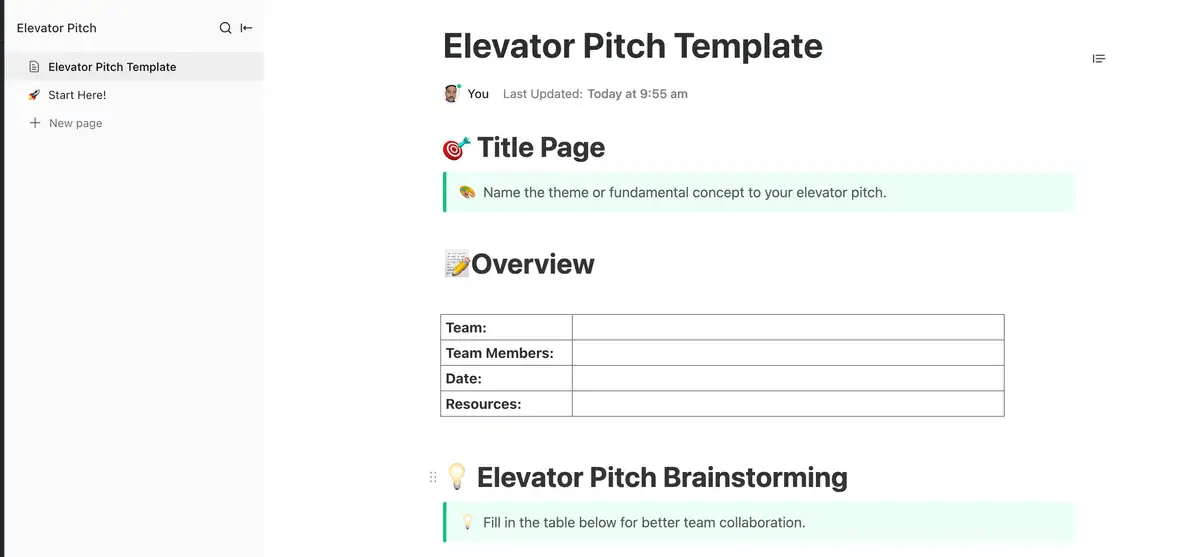 ClickUp Elevator Pitch Vorlage