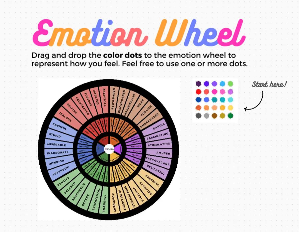 ClickUpのEmotions Wheel Icebreaker Templateは、チーム内の有意義な会話を促進するためにデザインされています。   