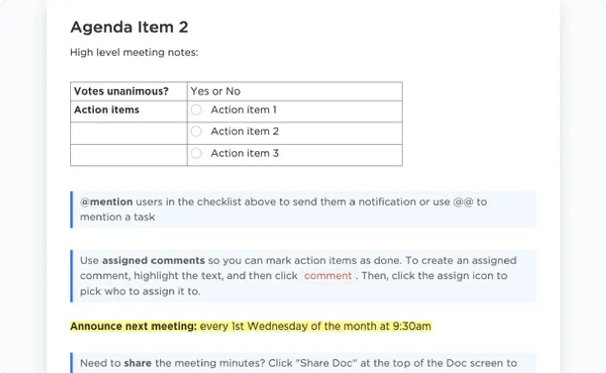 Record key decisions and points of discussion with ClickUp Operations Meeting Minutes Template