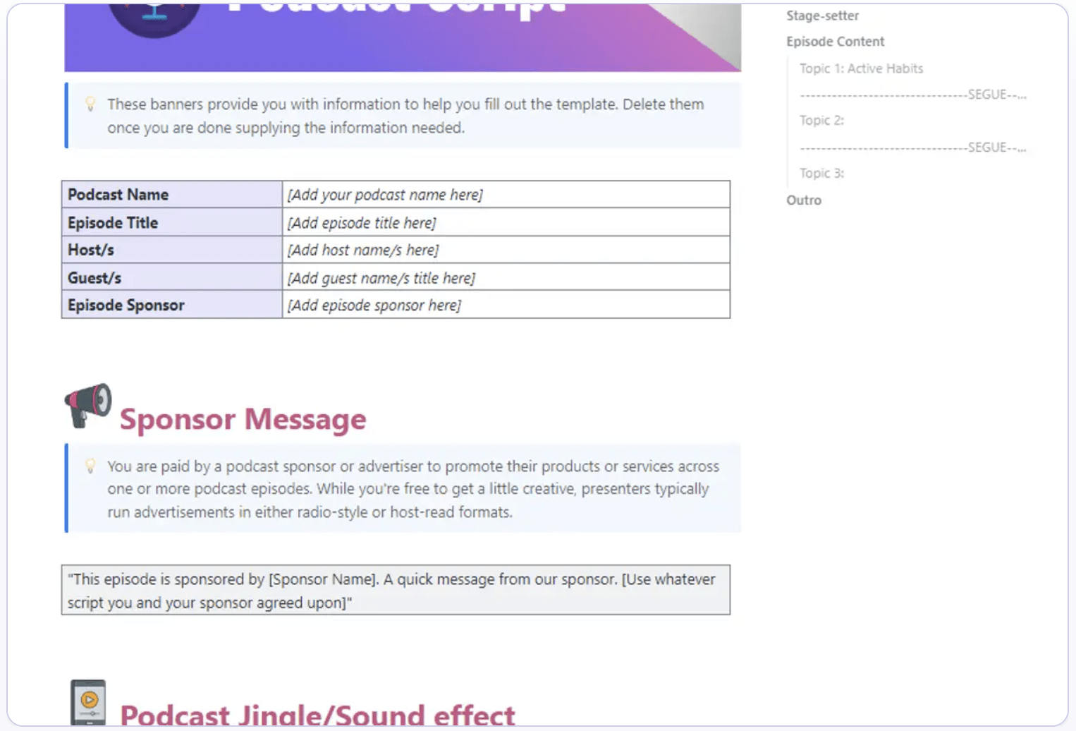 
Ensure your content is clear and well-edited with the ClickUp Podcast Script Template