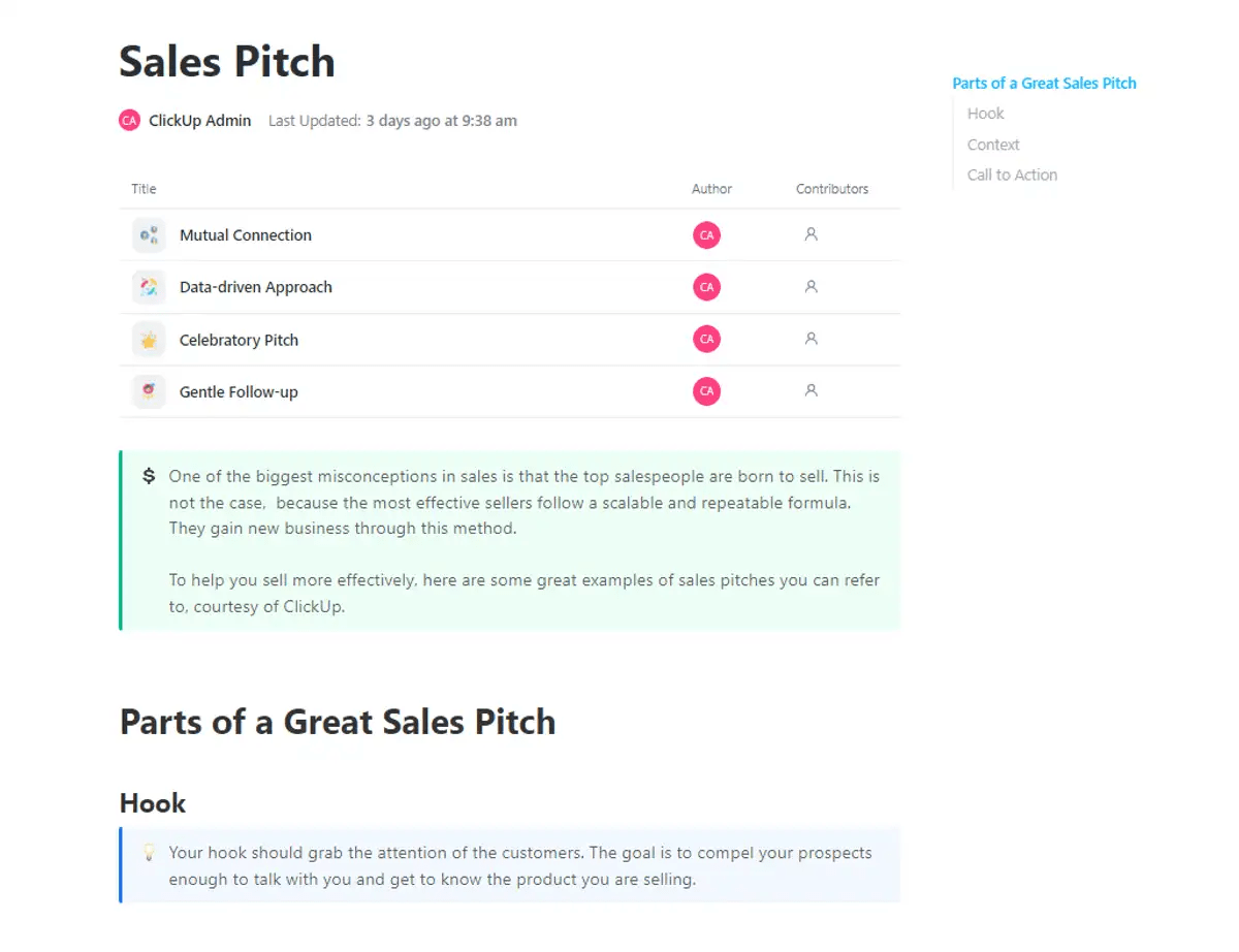 Create a convincing sales pitch that helps you win clients for your business using the ClickUp Sales Pitch Template