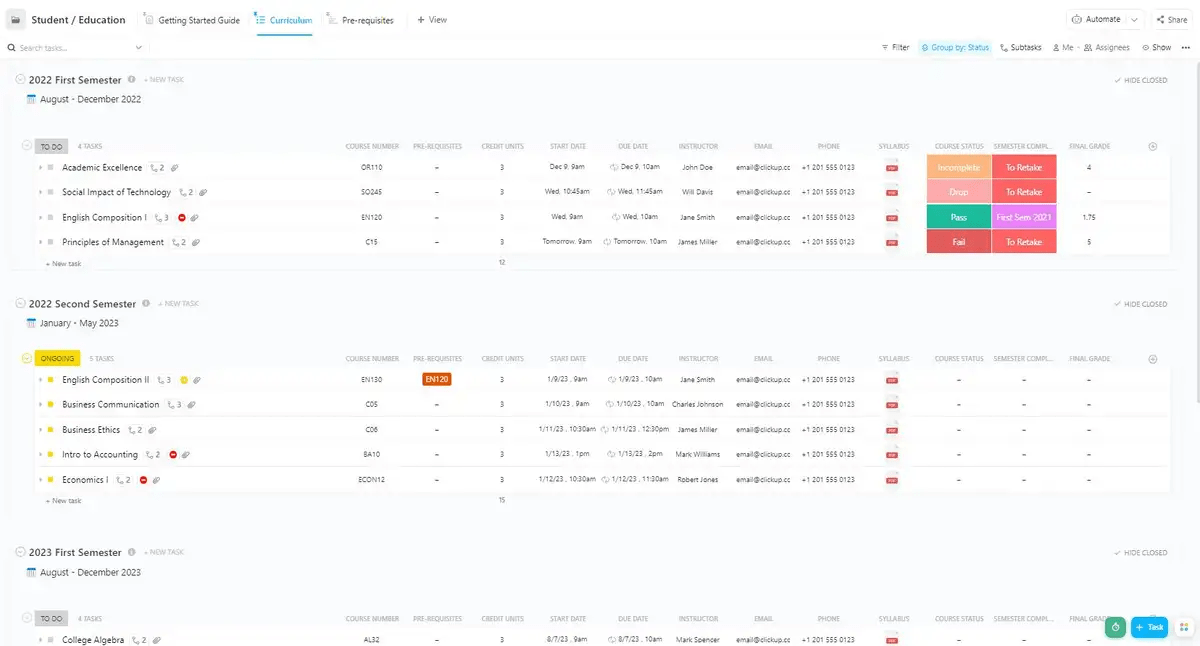 ClickUp's Student Education Template is designed to help students and educators manage course progress.