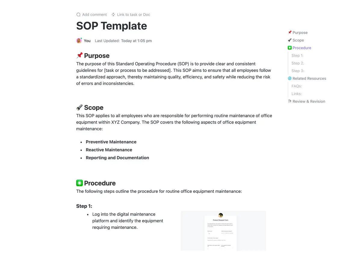 Create, manage, and organize your agency's standard operating procedures in a centralized location with ClickUp’s SOP Template