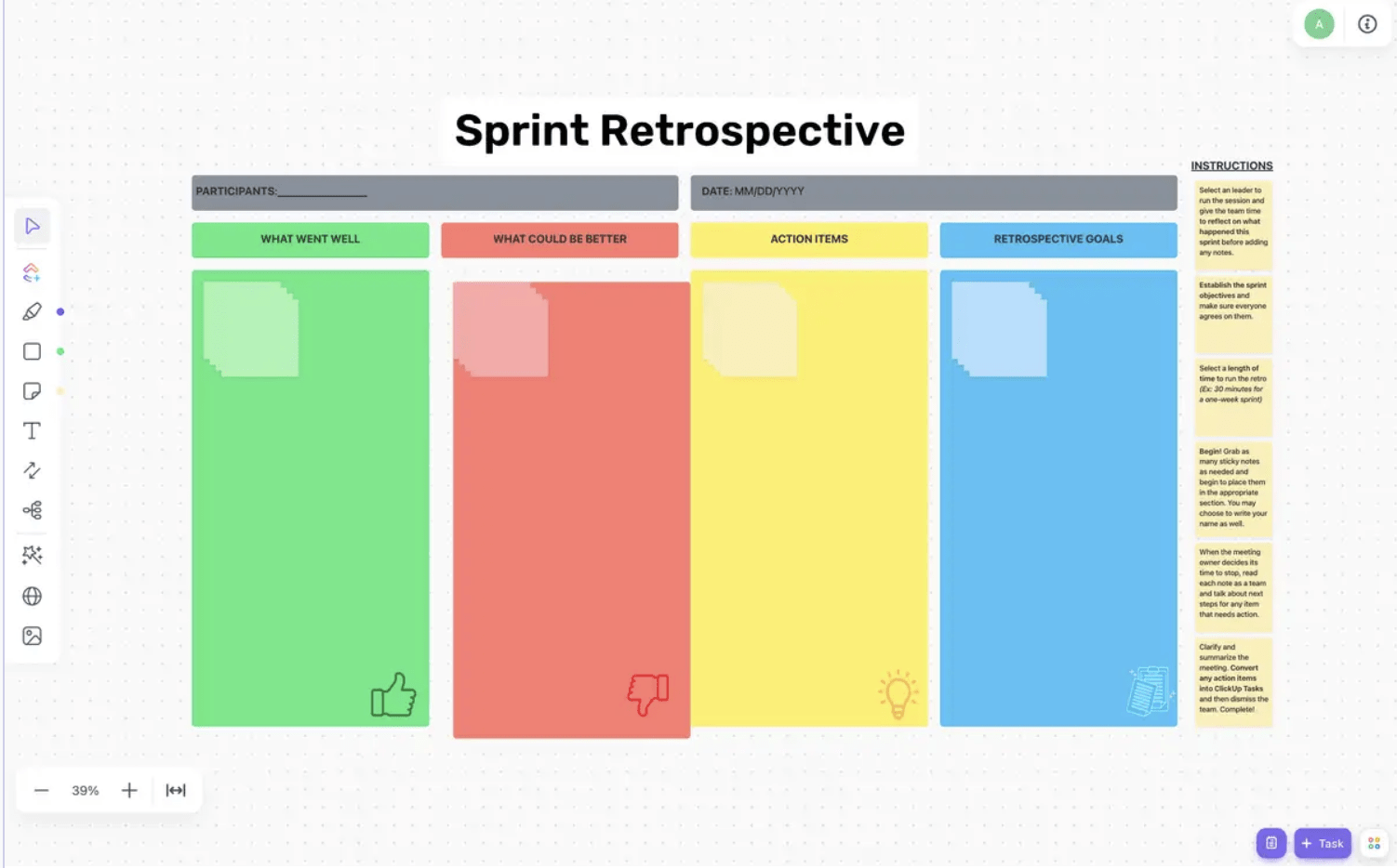 Brainstorm and capture ideas across teams in a unified view with the ClickUp Sprint Retrospective Brainstorm Template