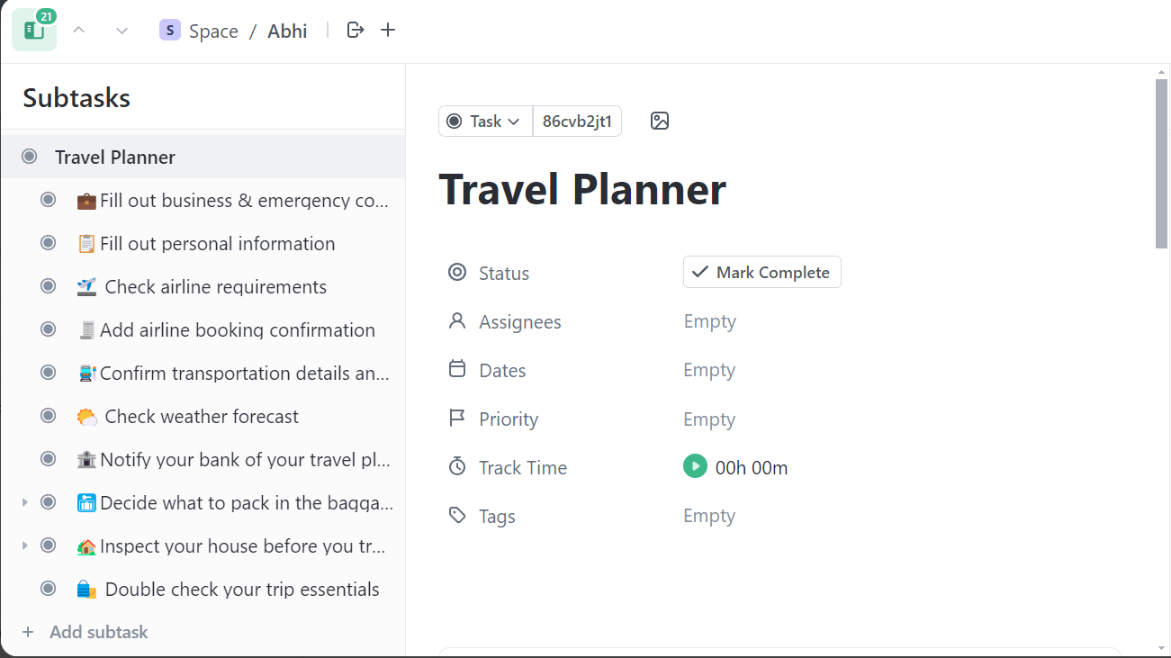 Use ClickUp's Travel Planner Templates to stay organized and prioritize important tasks