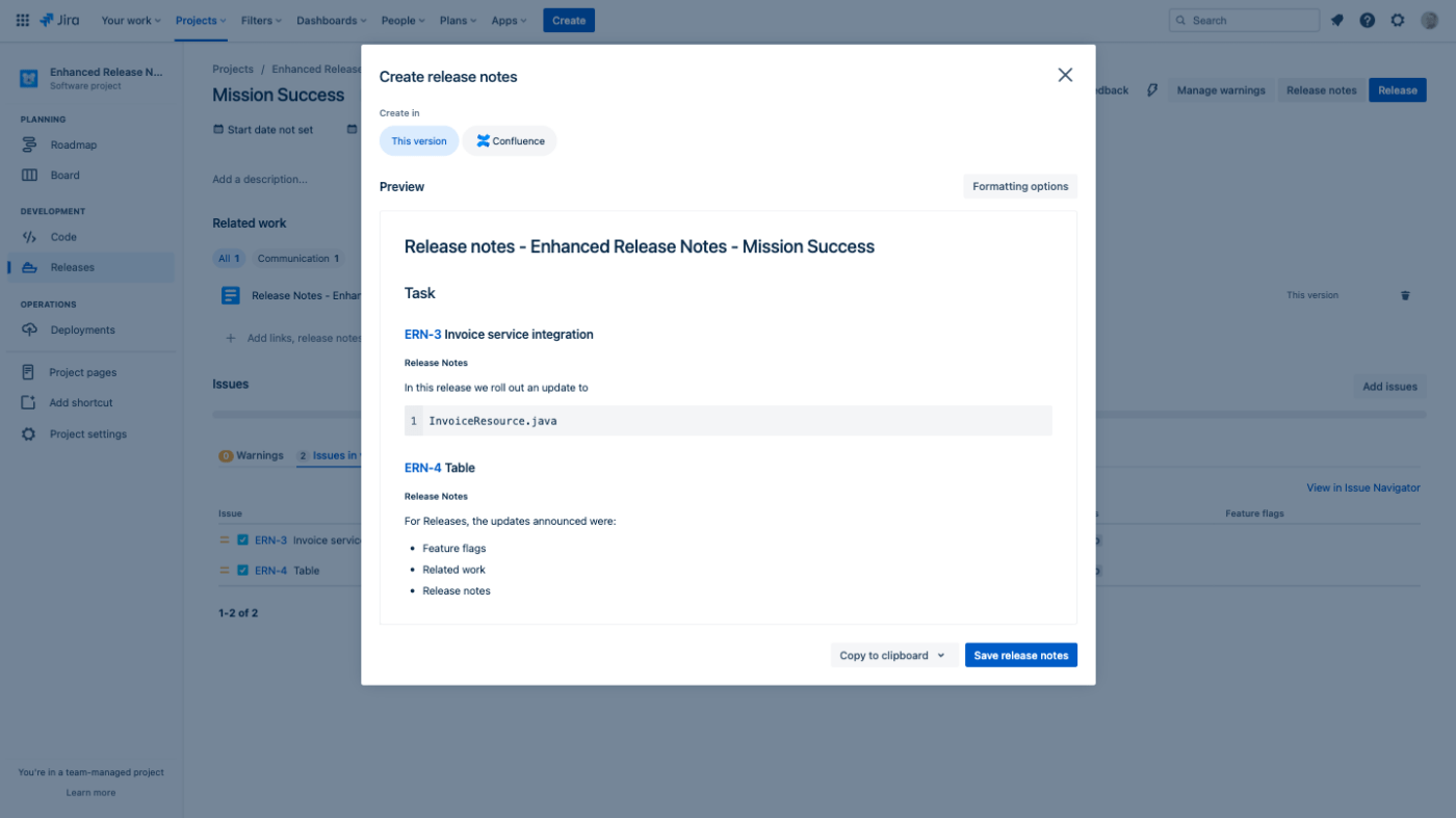 Creating release notes on Confluence
