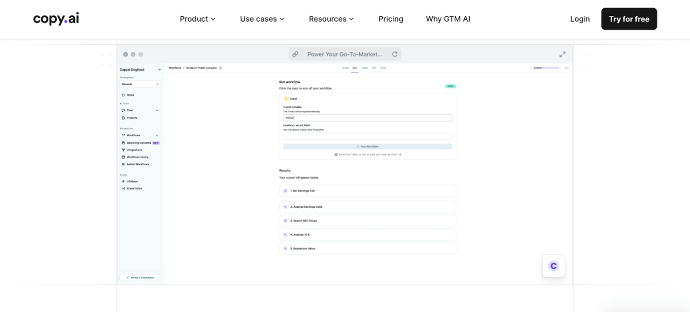 Copy.ai dashboard