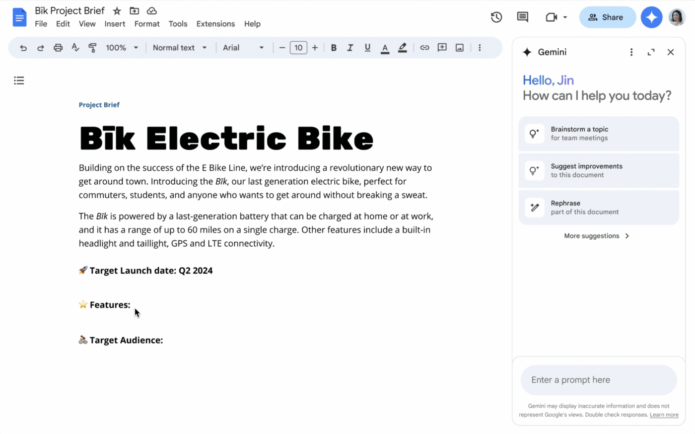 Gemini integration within Google Docs