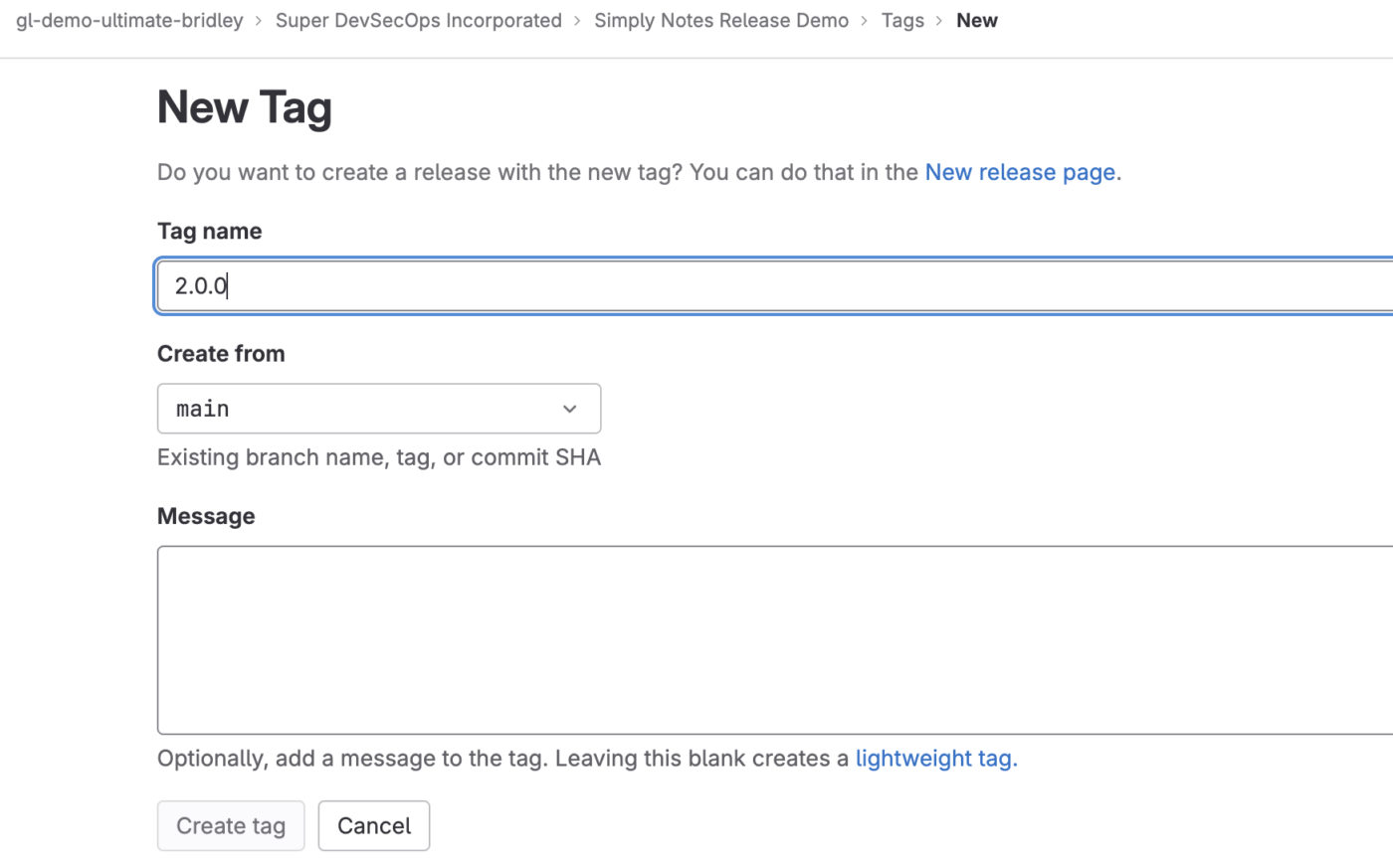 GitLab New Tag settings