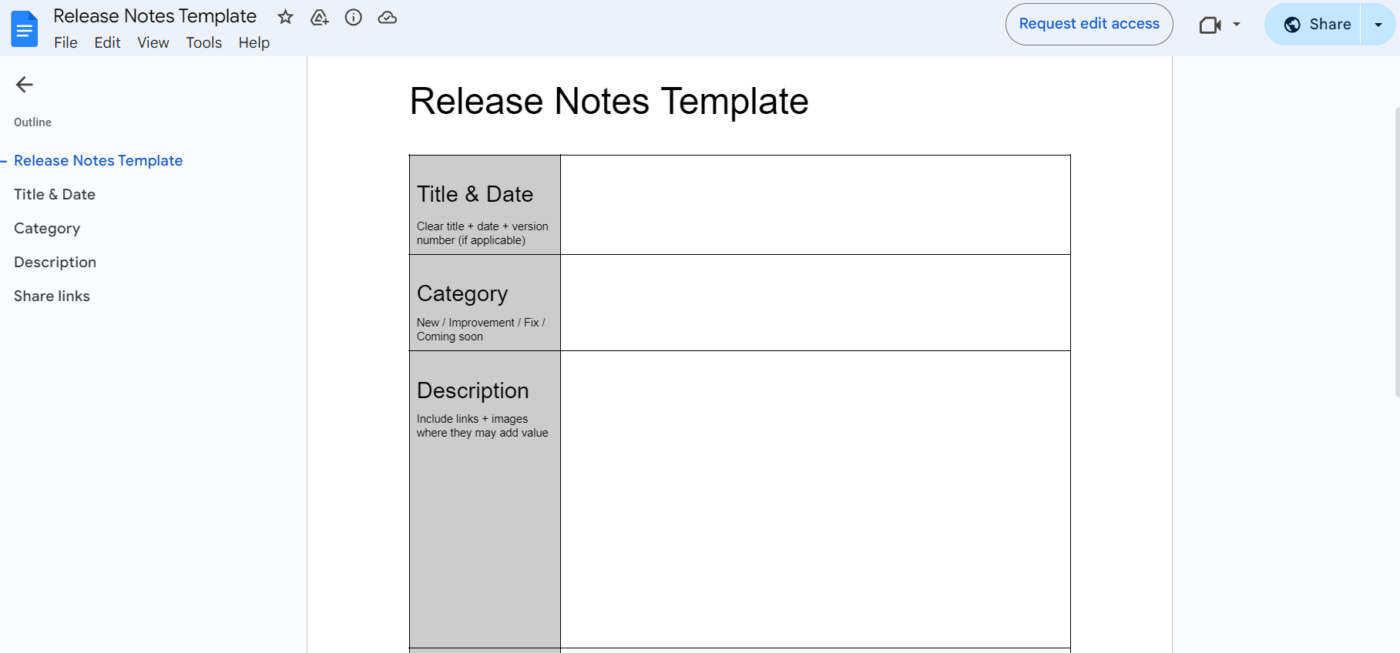 Google Docs Release Notes Template