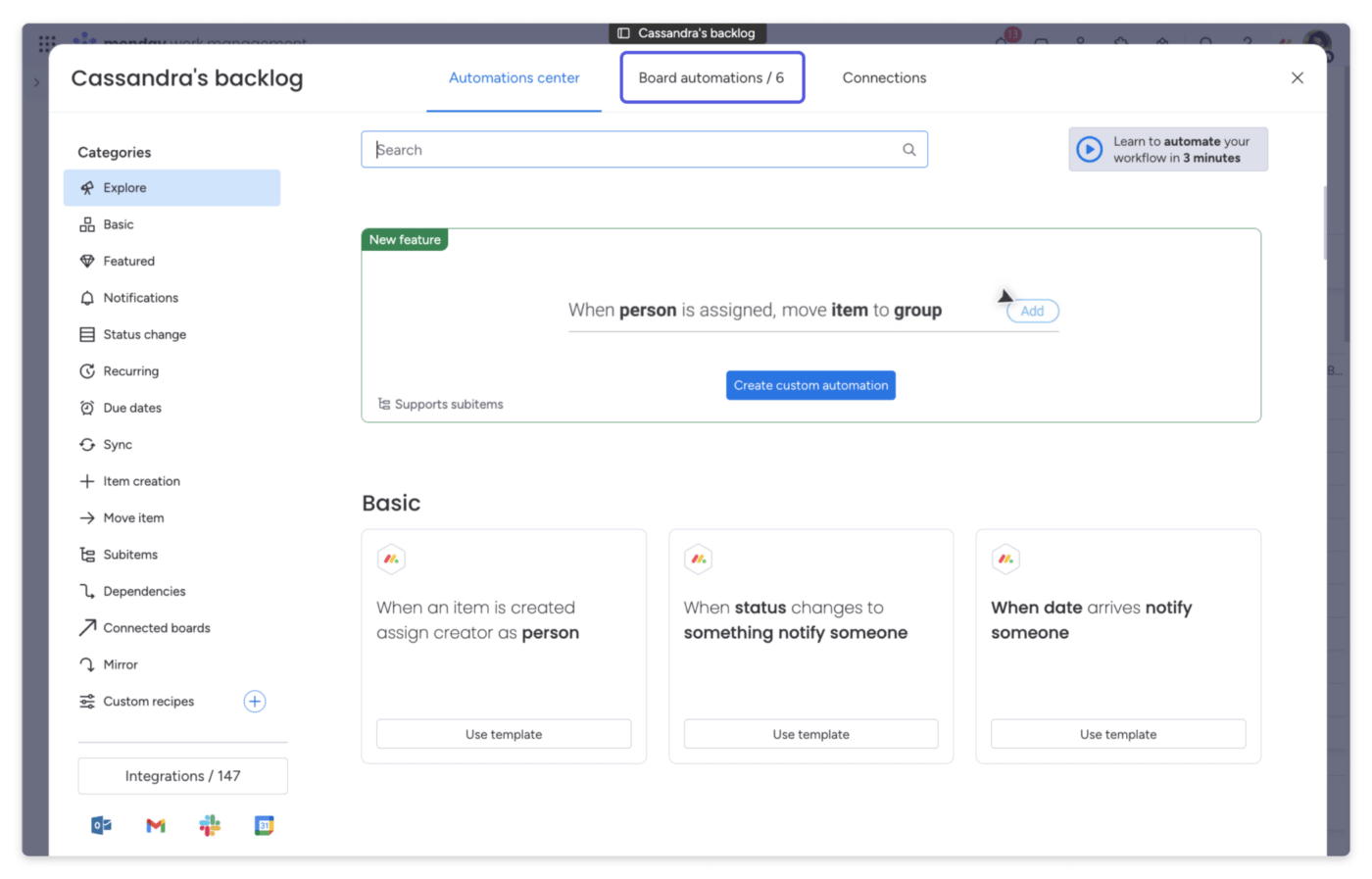 Registro de actividad de automatización de Monday.com