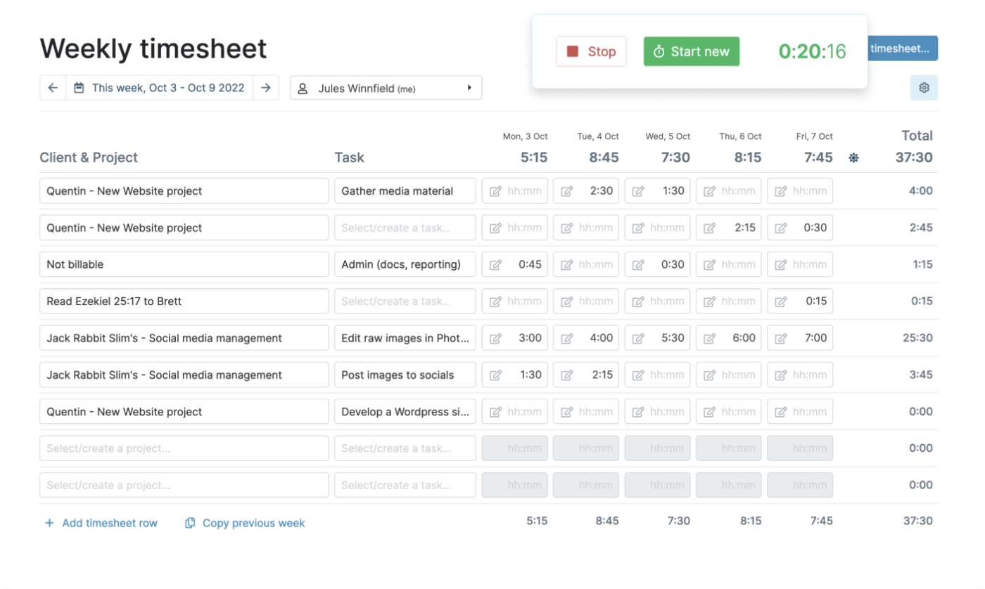 My Hours weekly timesheet