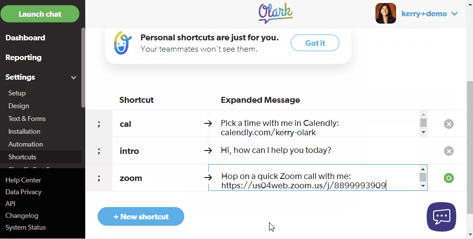 Personalized shortcuts on Olark