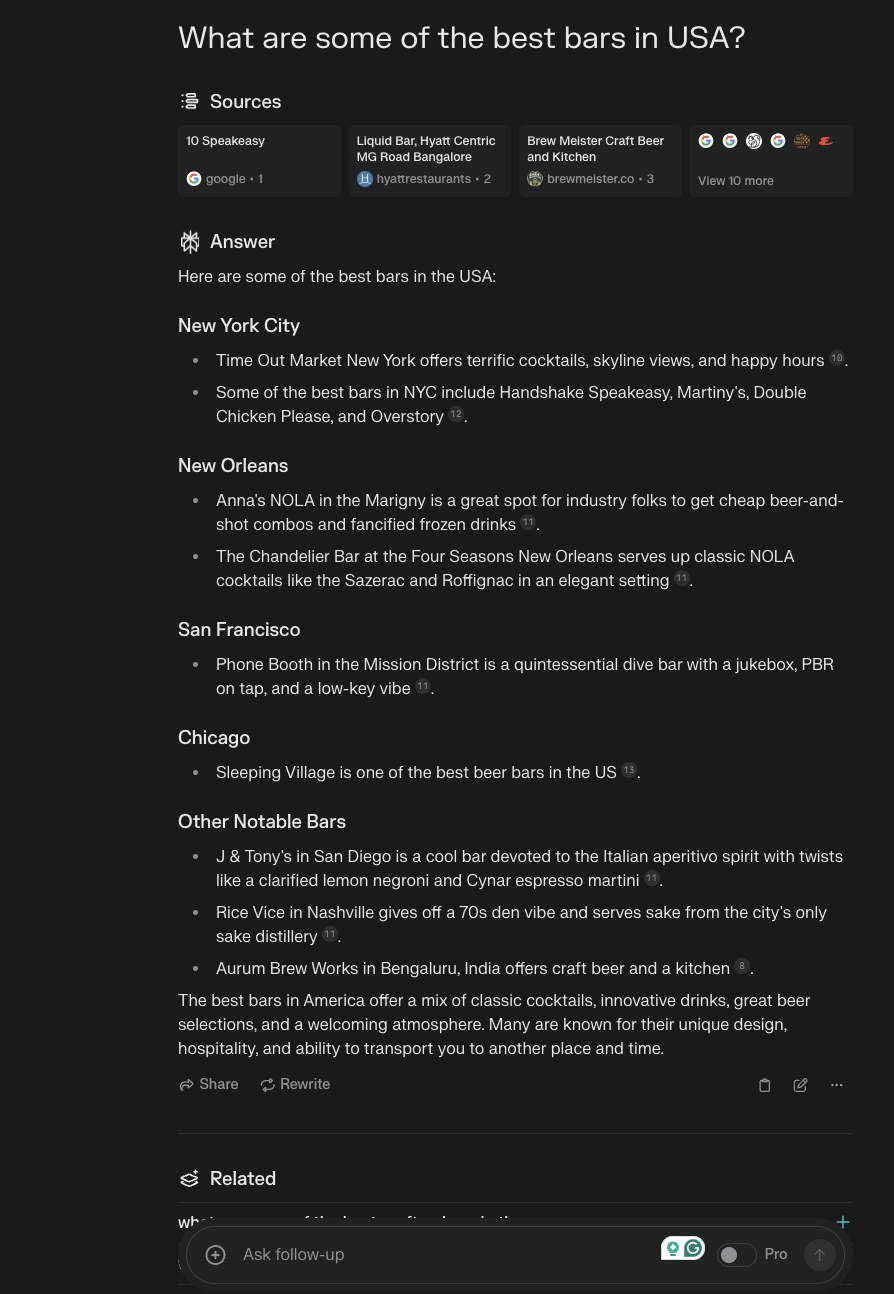 Perplexity AIによるアメリカのベストバーの結果