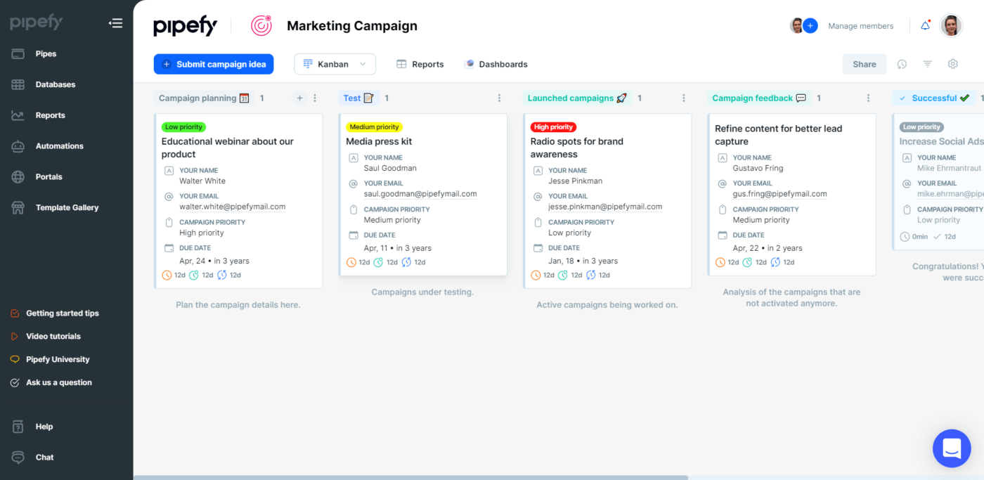 Pipefy IT automation software dashboard