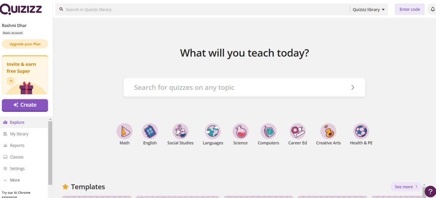 Quizzizz dashboard