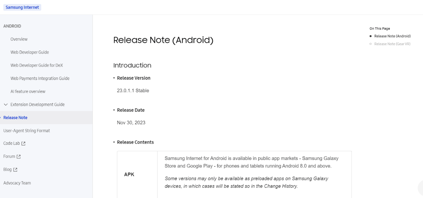 Samsung release notes