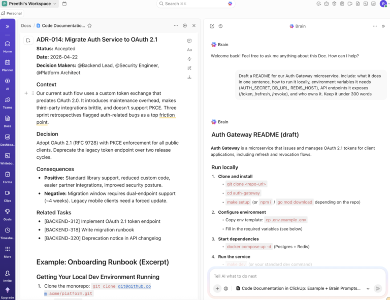 Code Documentation in ClickUp: Example + Brain Prompts