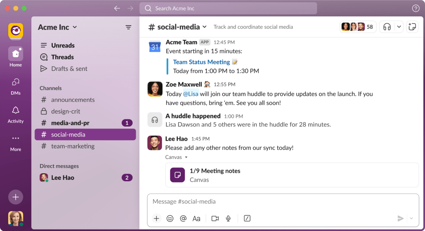 Slack dashboard