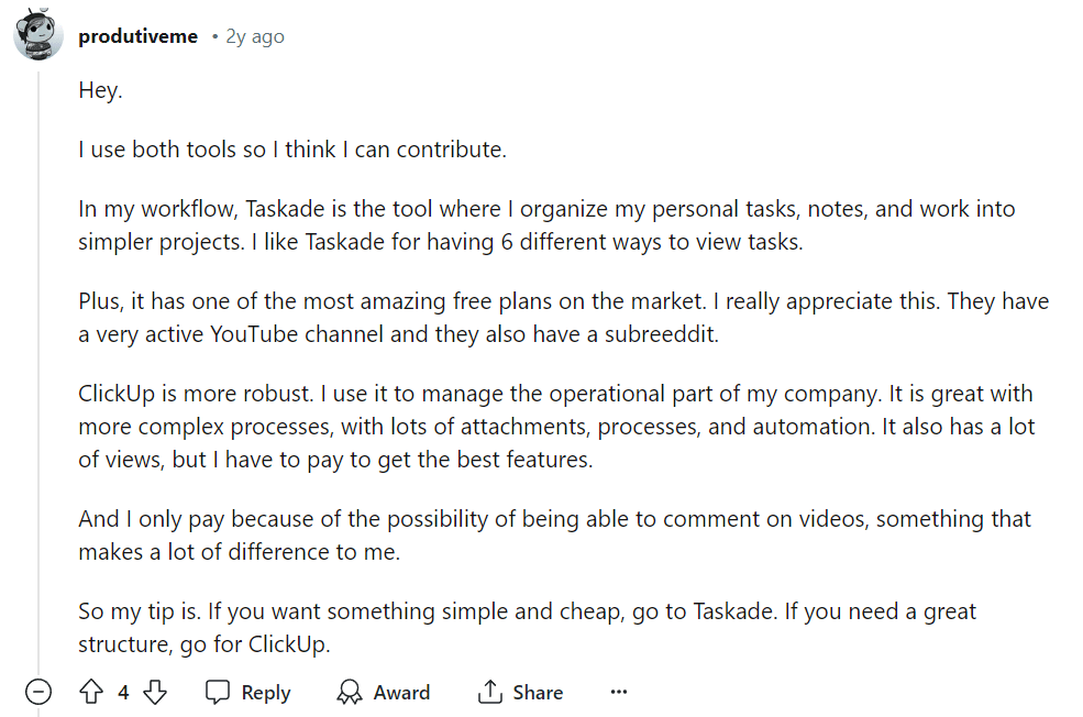 Taskade vs ClickUp reddit review as Jira alternatives