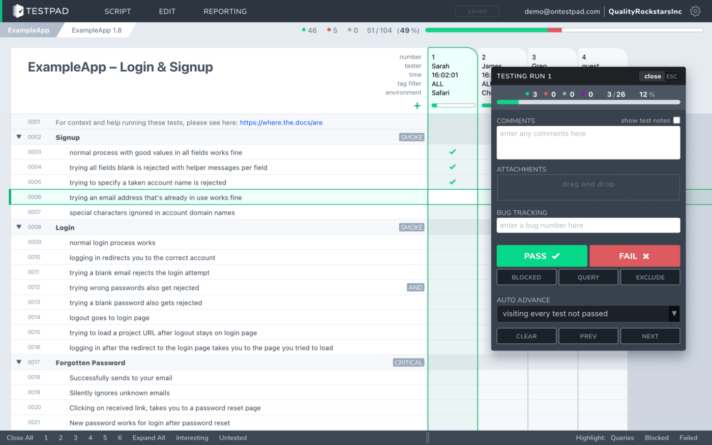 Painel de controle do TestPad