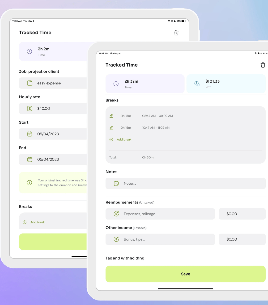 Time Clock app interface