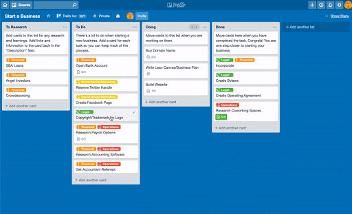 Tampilan papan Kanban Trello