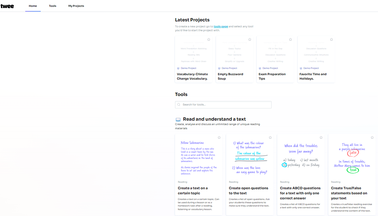 Dashboard of Twee, one of the leading AI tools for teachers of English