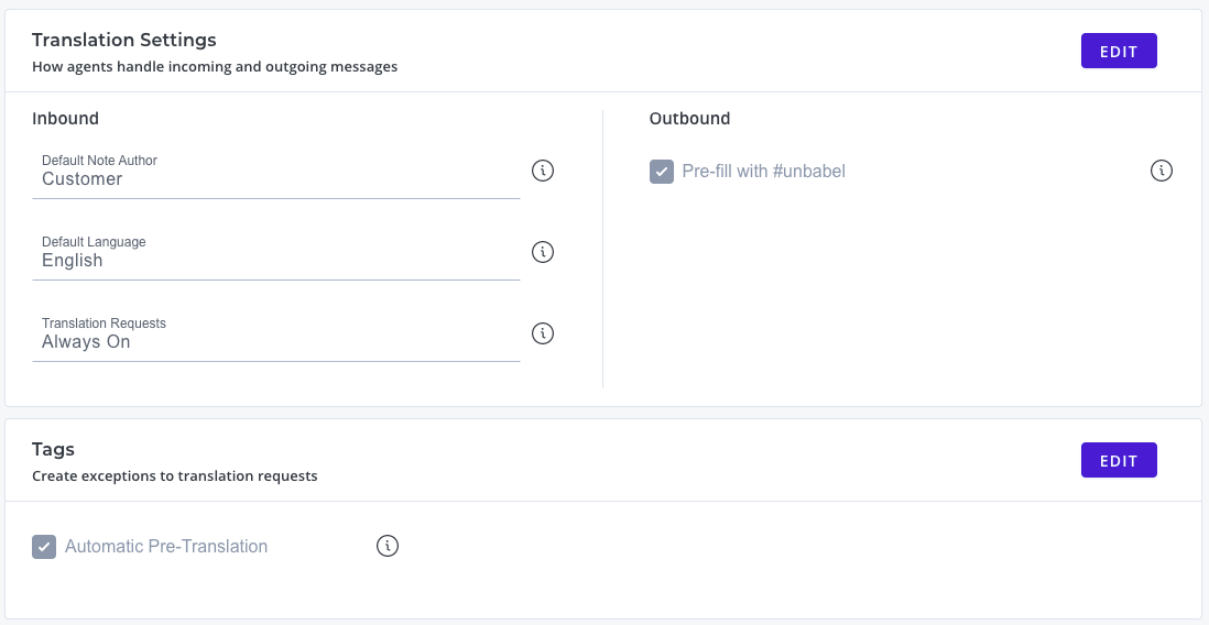 Unbabel translator settings