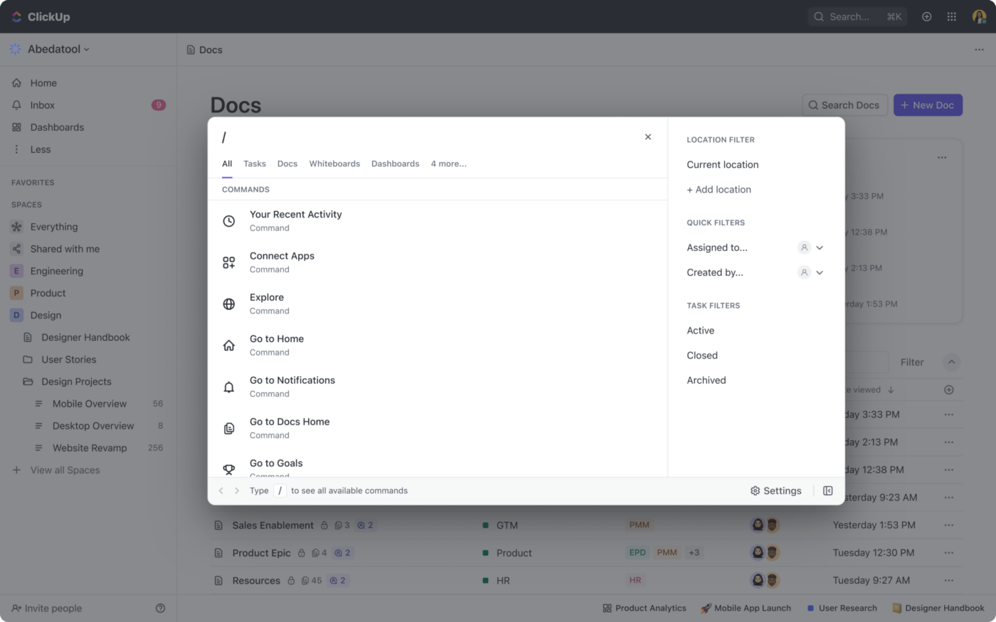 ClickUp's Universal Search multiple locations