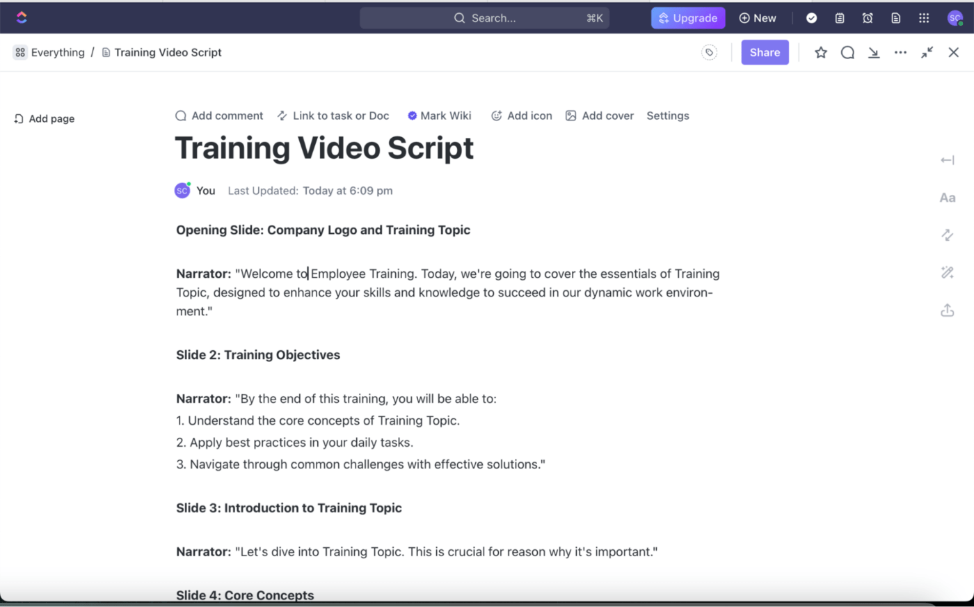 ClickUp AI to write effective scripts for training videos on ClickUp Docs