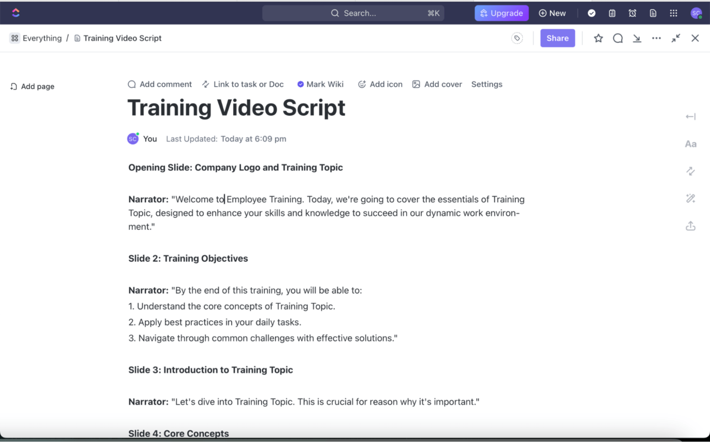 ClickUp AI to write effective scripts for training videos on ClickUp Docs  