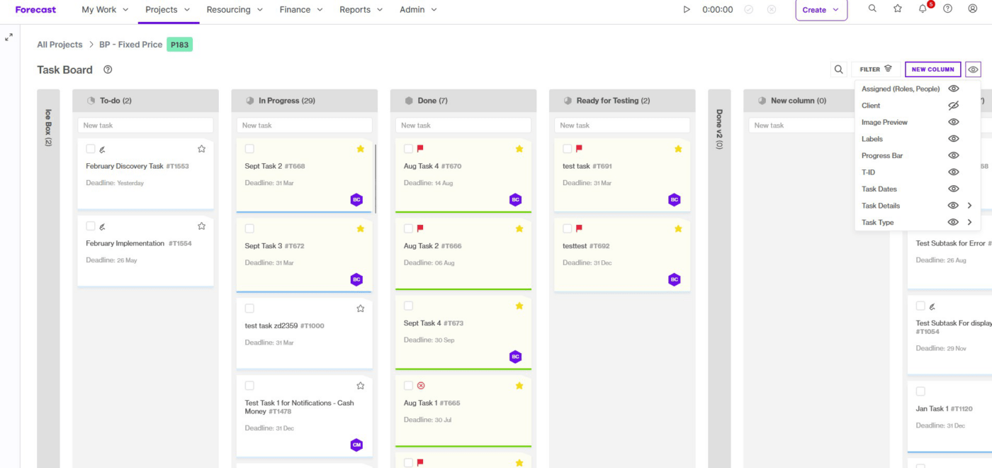 The project board of Forecast, one of the cloud project management softwares on our list
