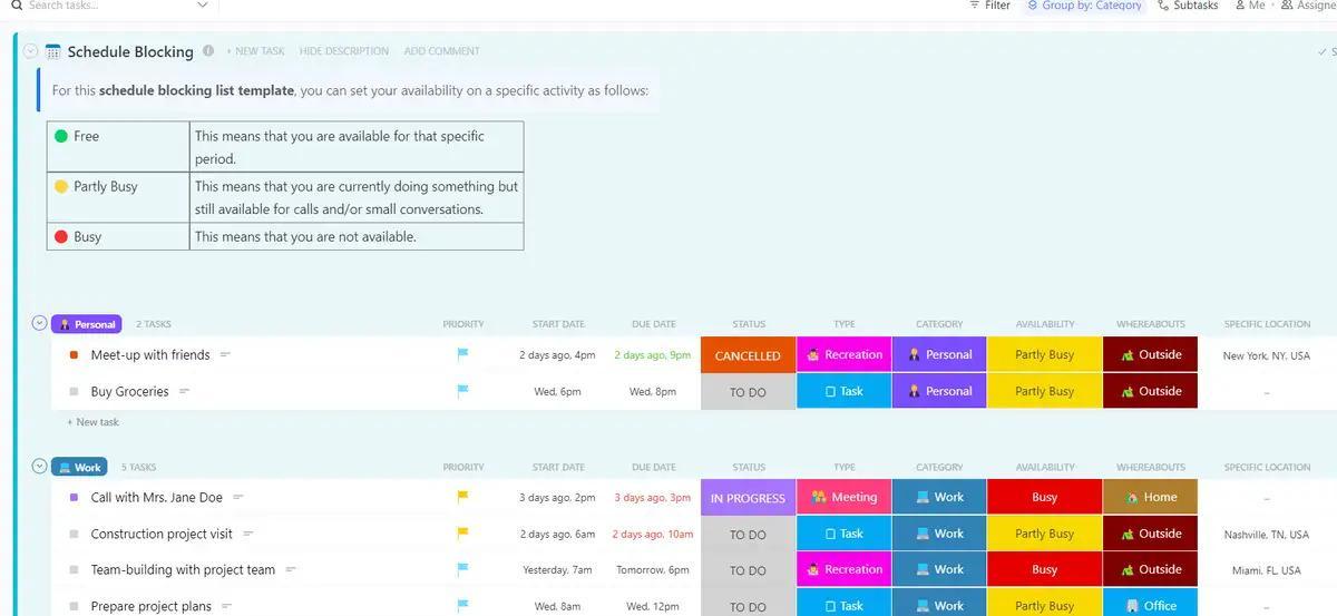 Plan your schedule and practice time blocking with ClickUp's Schedule Blocking Template