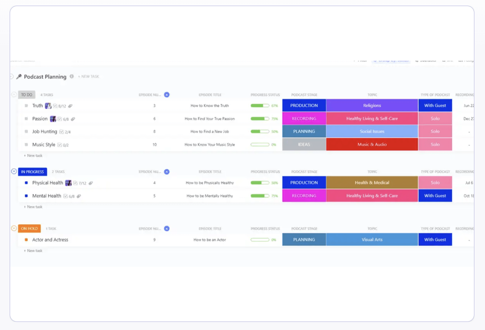 Plan all your podcast activities with the ClickUp Podcast Plan Template