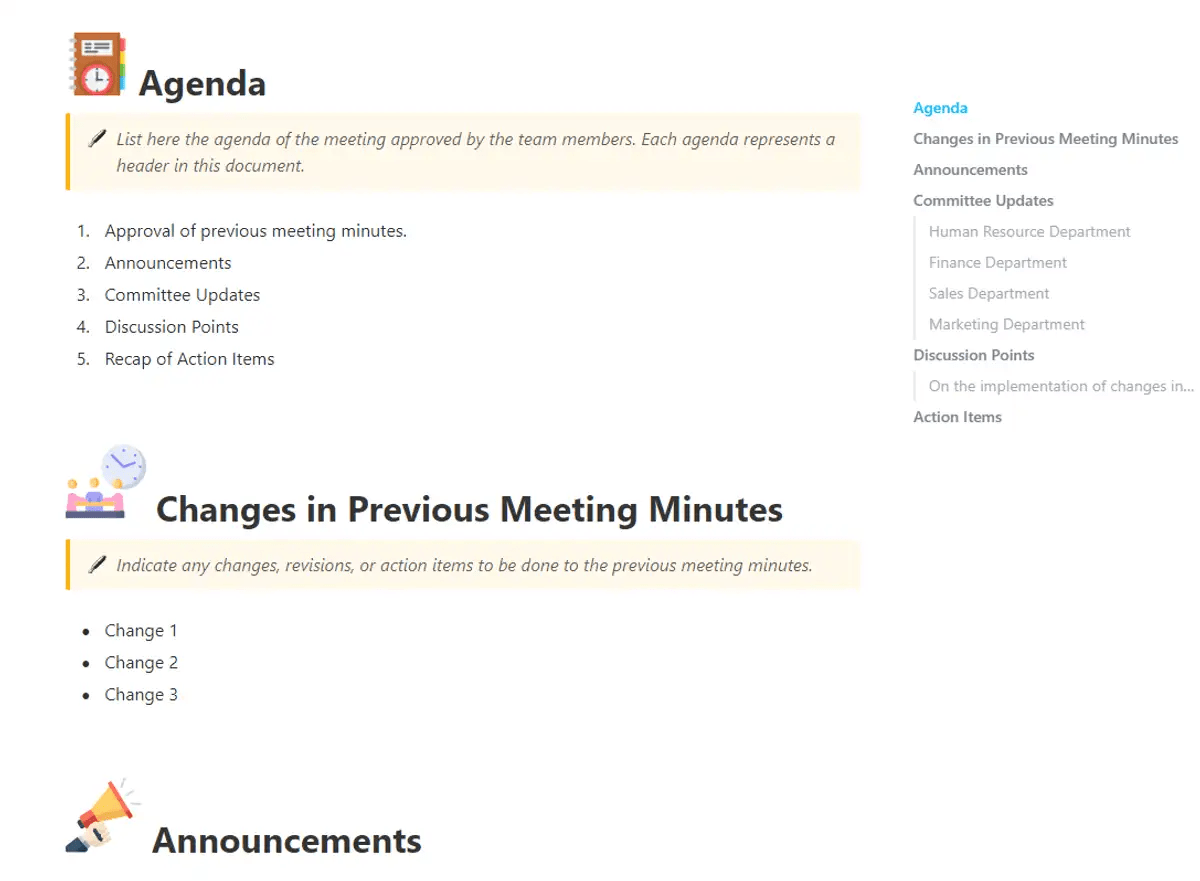Document the entire meeting discussion with the ClickUp Meeting Minutes Template