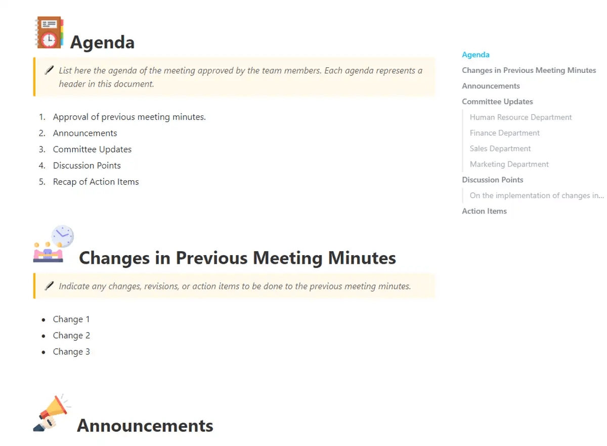 Capture minutes of the meeting in a structured format with the ClickUp Meeting Minutes Template  