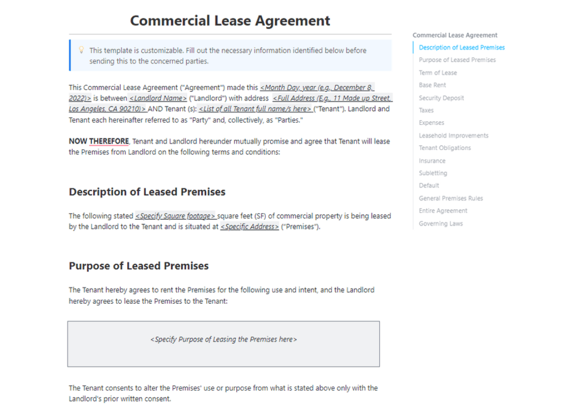 Outline the legal clauses between tenant and landlord for leasing commercial properties like offices, shops, and parking spaces with 