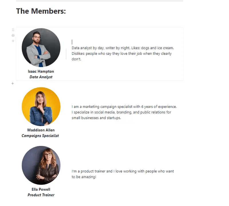 Create detailed and visually appealing team profiles with ClickUp's Meet the Team Template